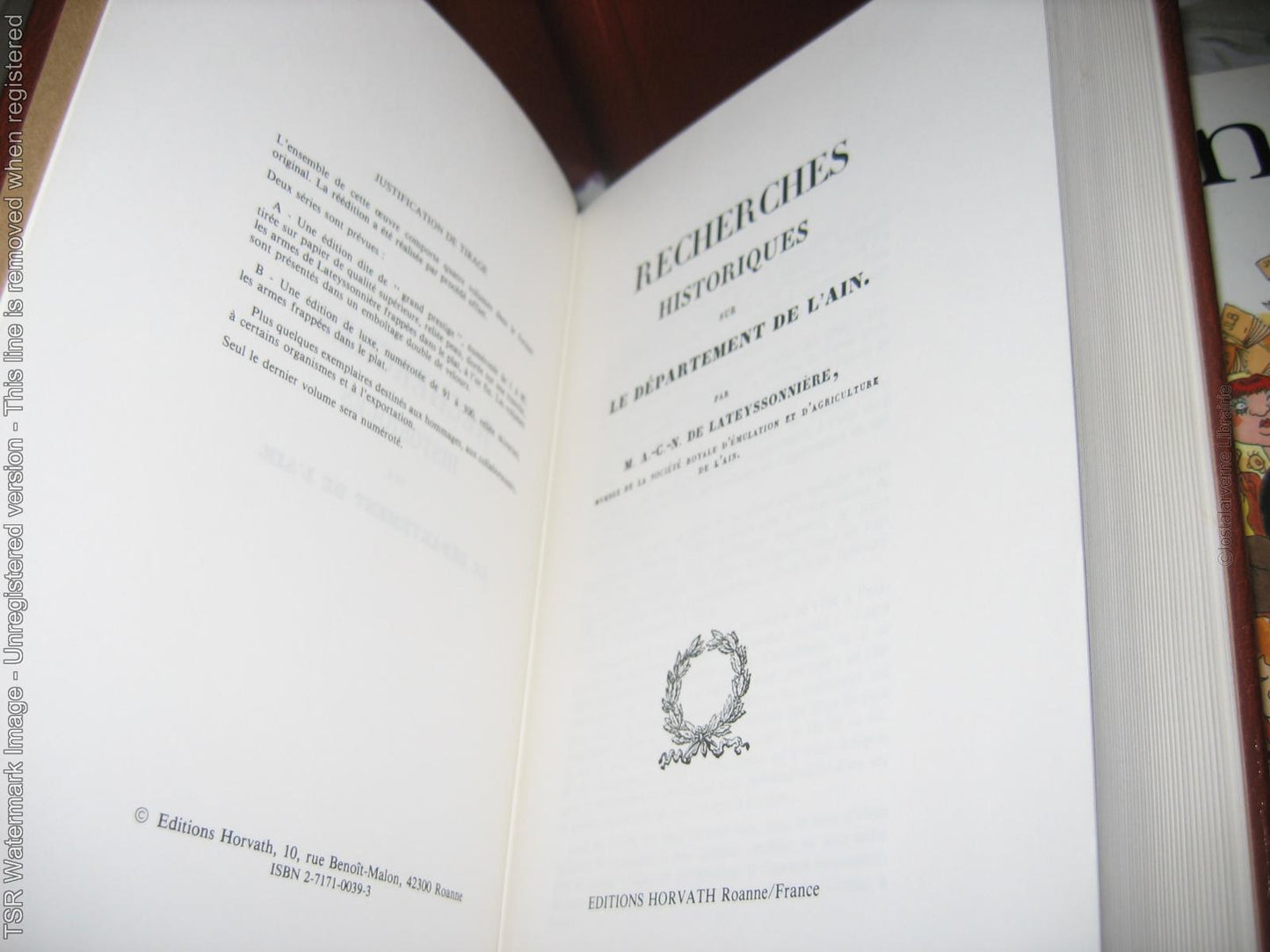 "Histoire de L'Ain" Comte de Lateyssonnière 1841 Reed. Horvath 1979 4vol 1/210